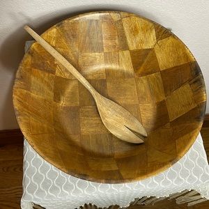 Woven Wood Salad Bowl 11” Diameter and Wooden Serving Spoon Fork